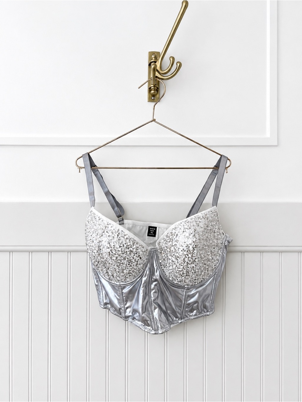 SHEIN Silver Sequin Longline Bralette with Metallic Band